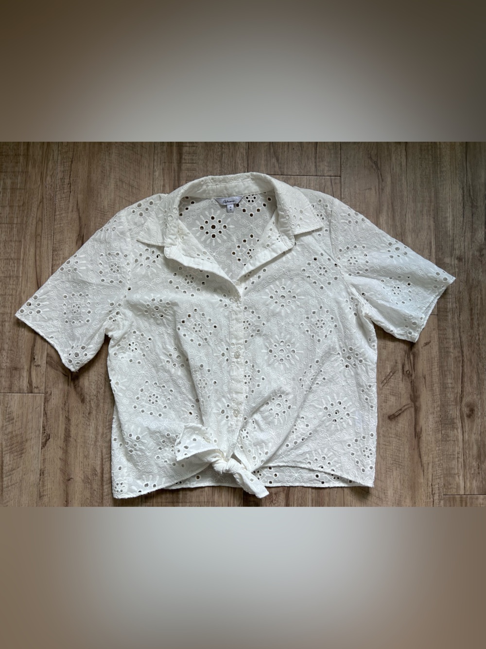 Eyelet 100% cotton Button-Front Short Sleeve Shirt White summer breezy beachy